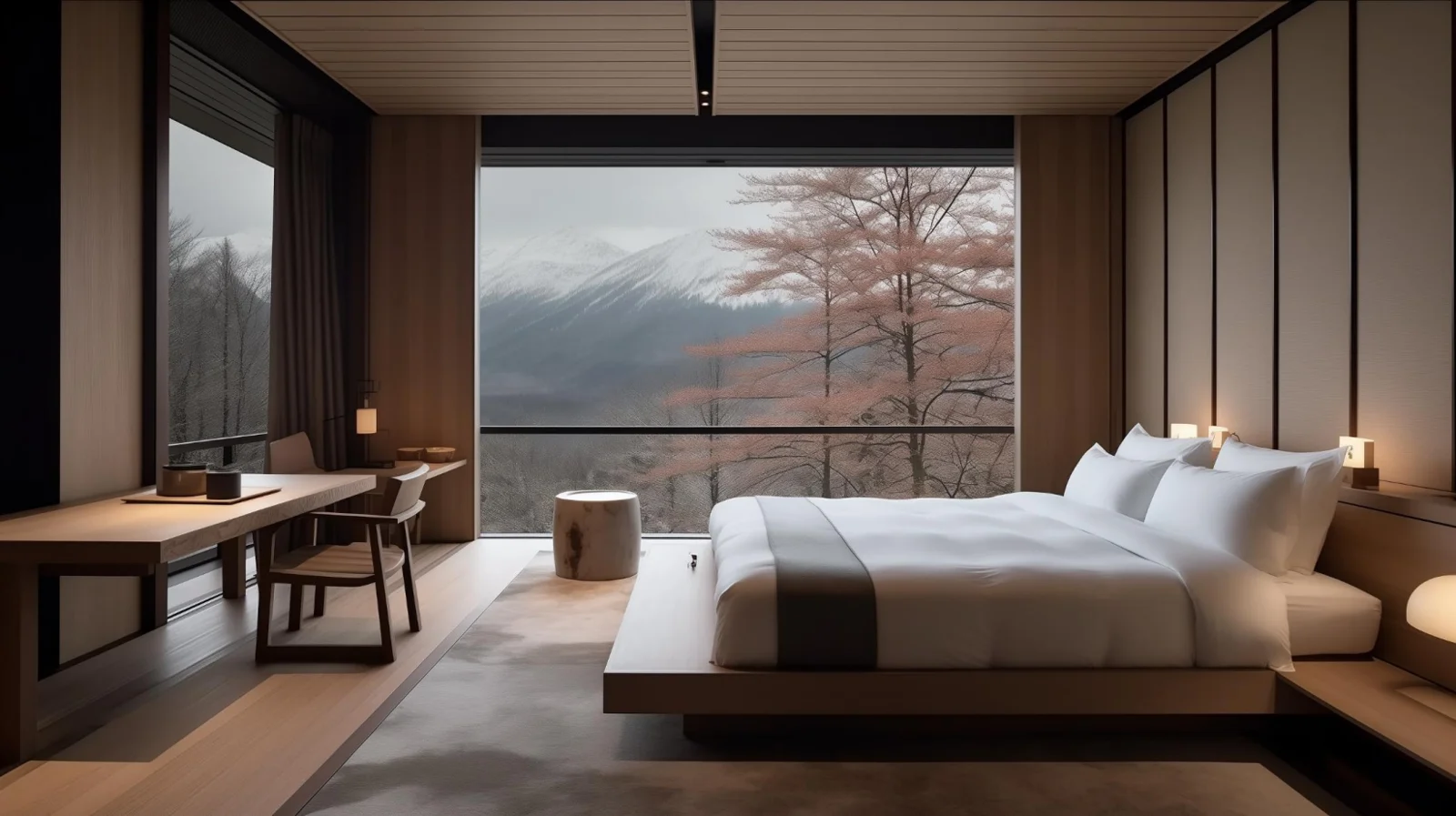 Bedroom design reference with warm timber, generous glazing and integrated storage