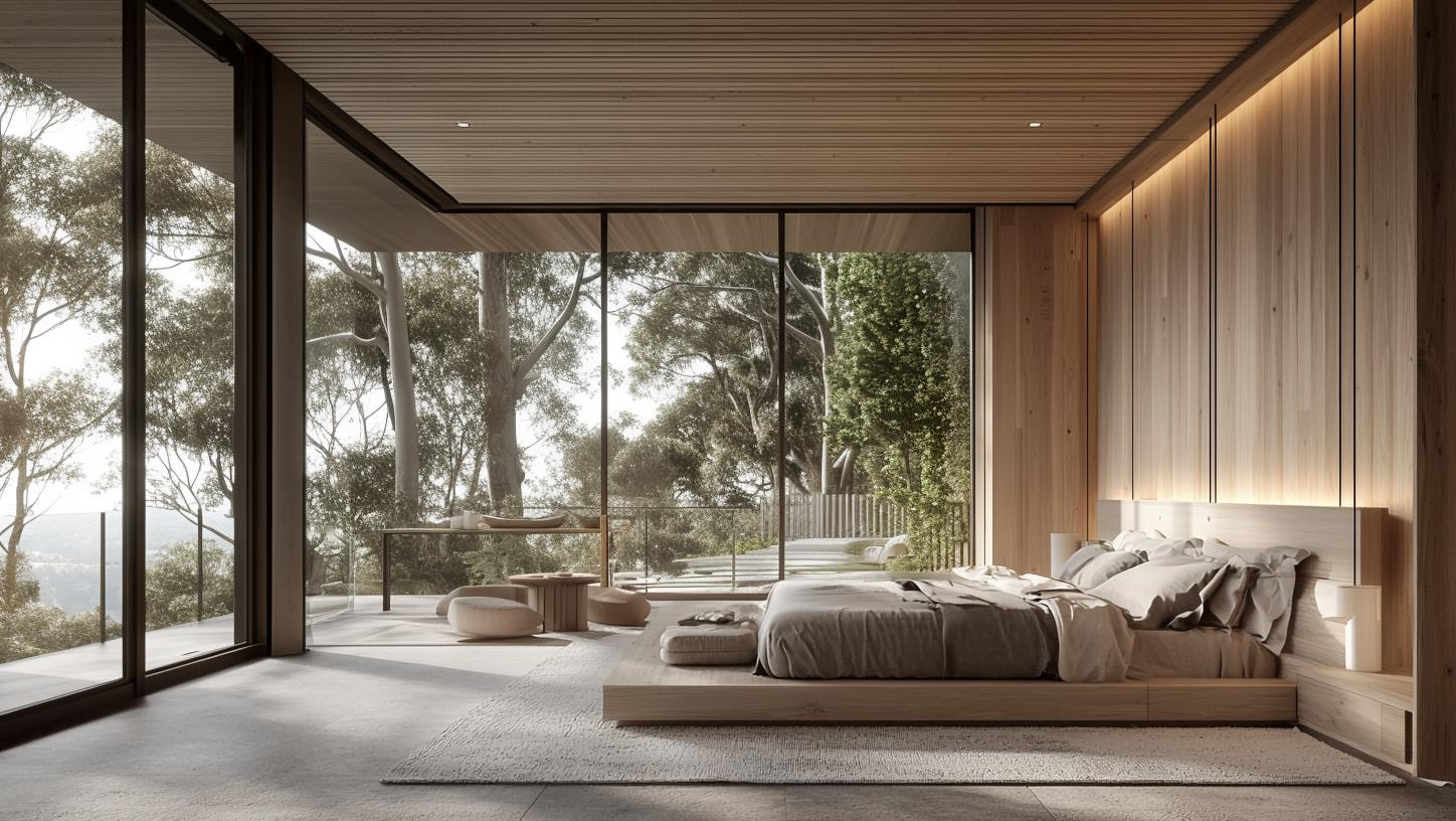 Timber-lined bedroom overlooking trees through full-height glazing