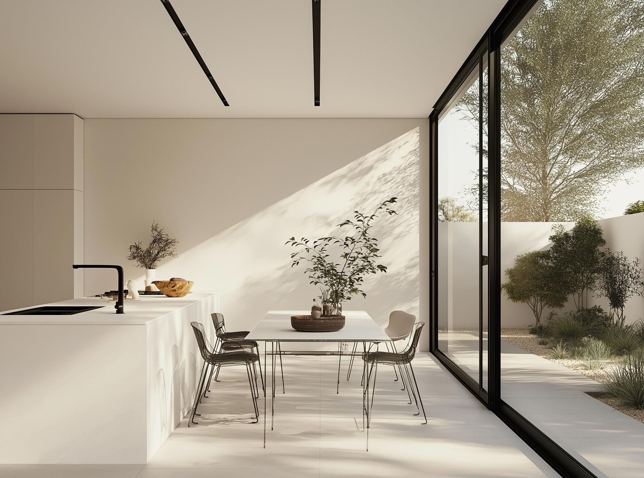 Sunlit kitchen and dining area opening onto a planted courtyard