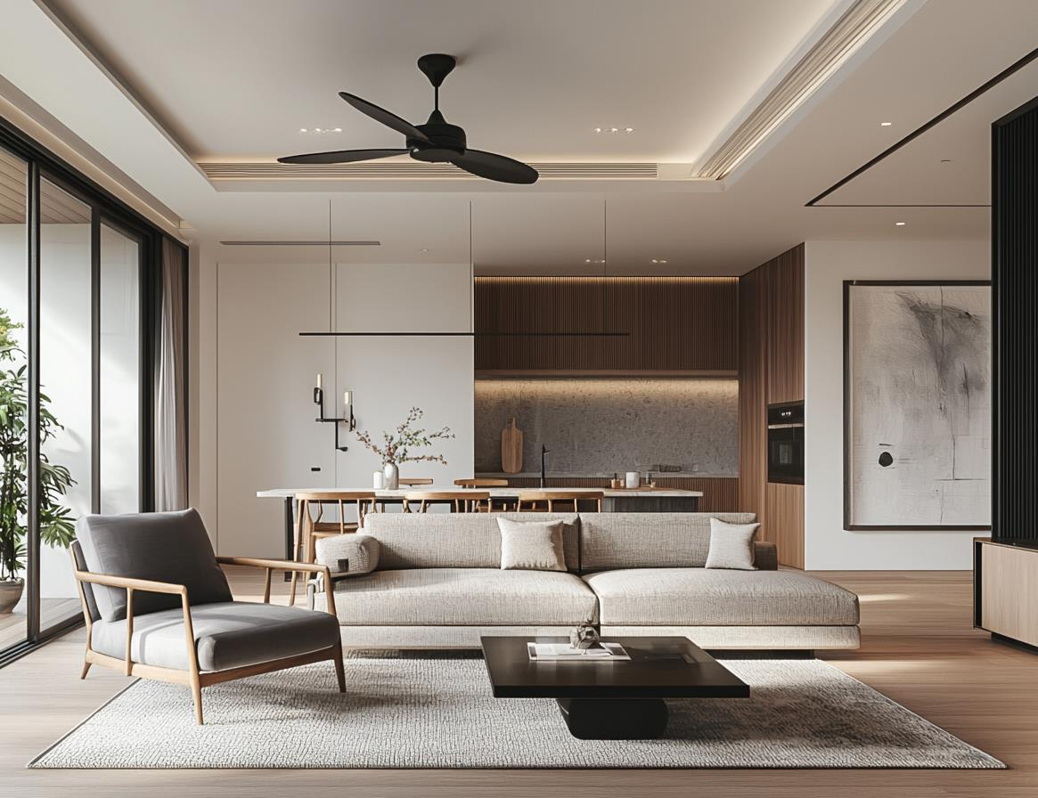 Contemporary lounge with a neutral sofa, timber joinery and connected kitchen