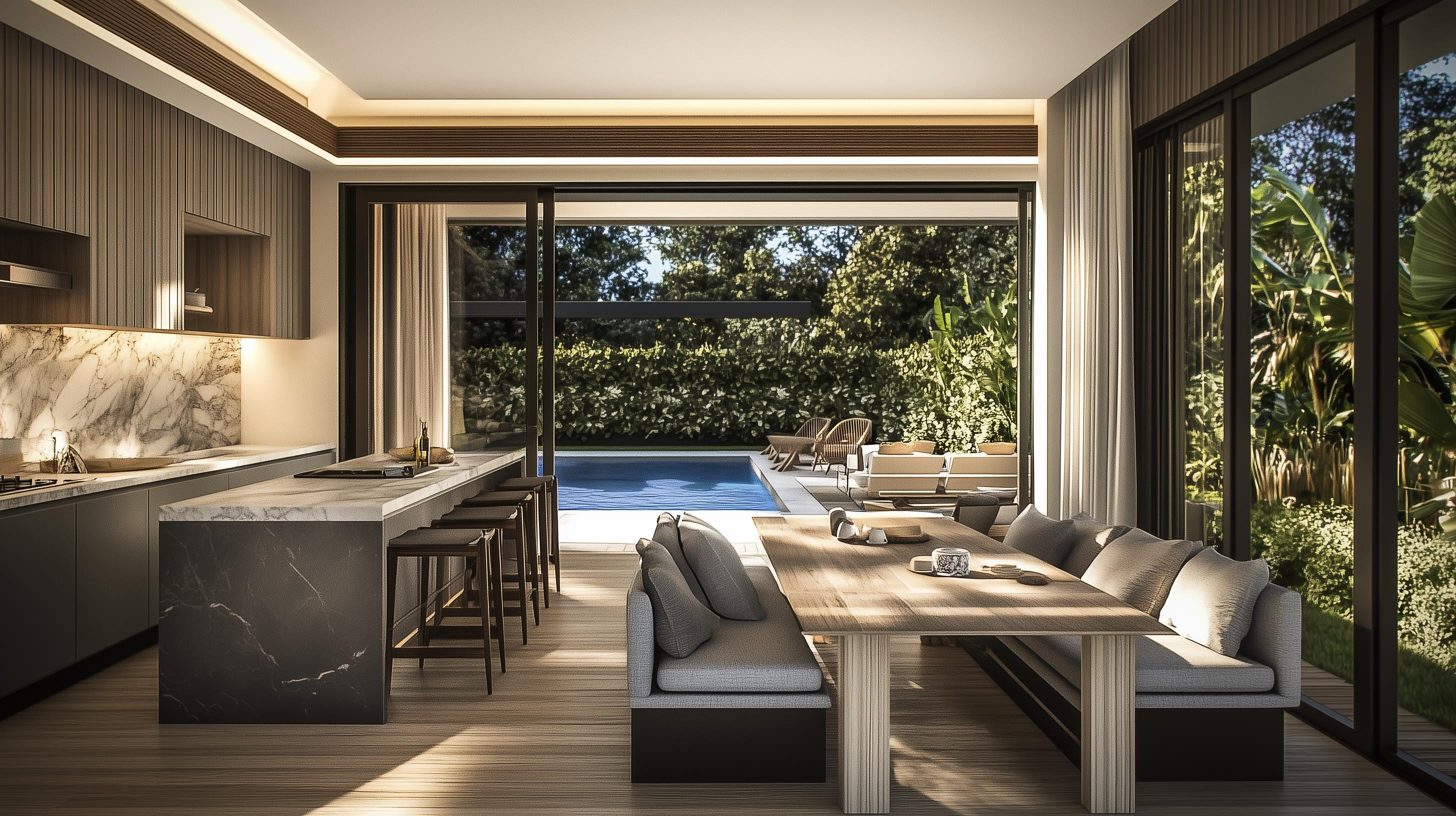 Kitchen and dining space opening onto a poolside terrace