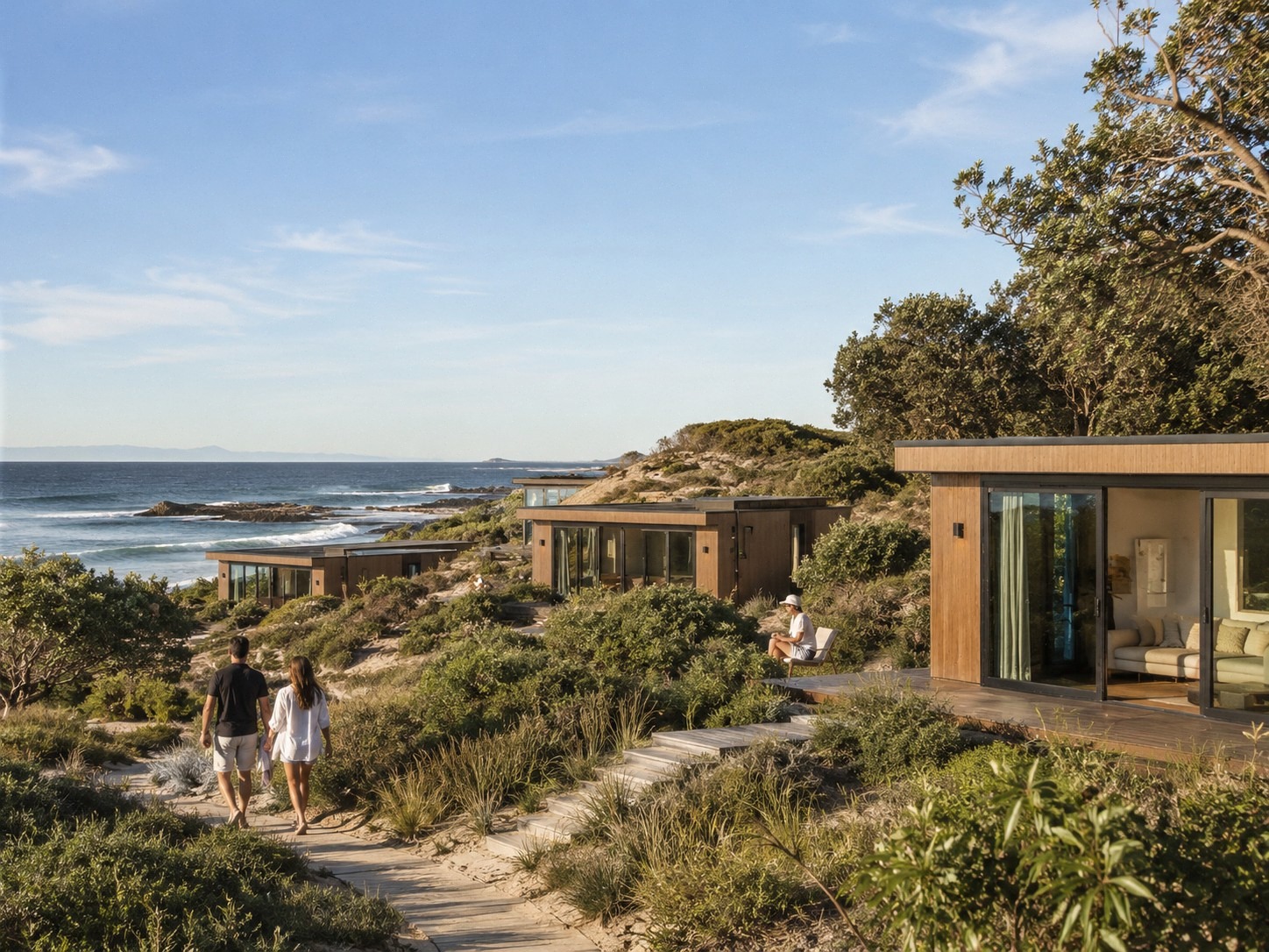 Timber guest cabins set into a coastal landscape with ocean views and planted paths