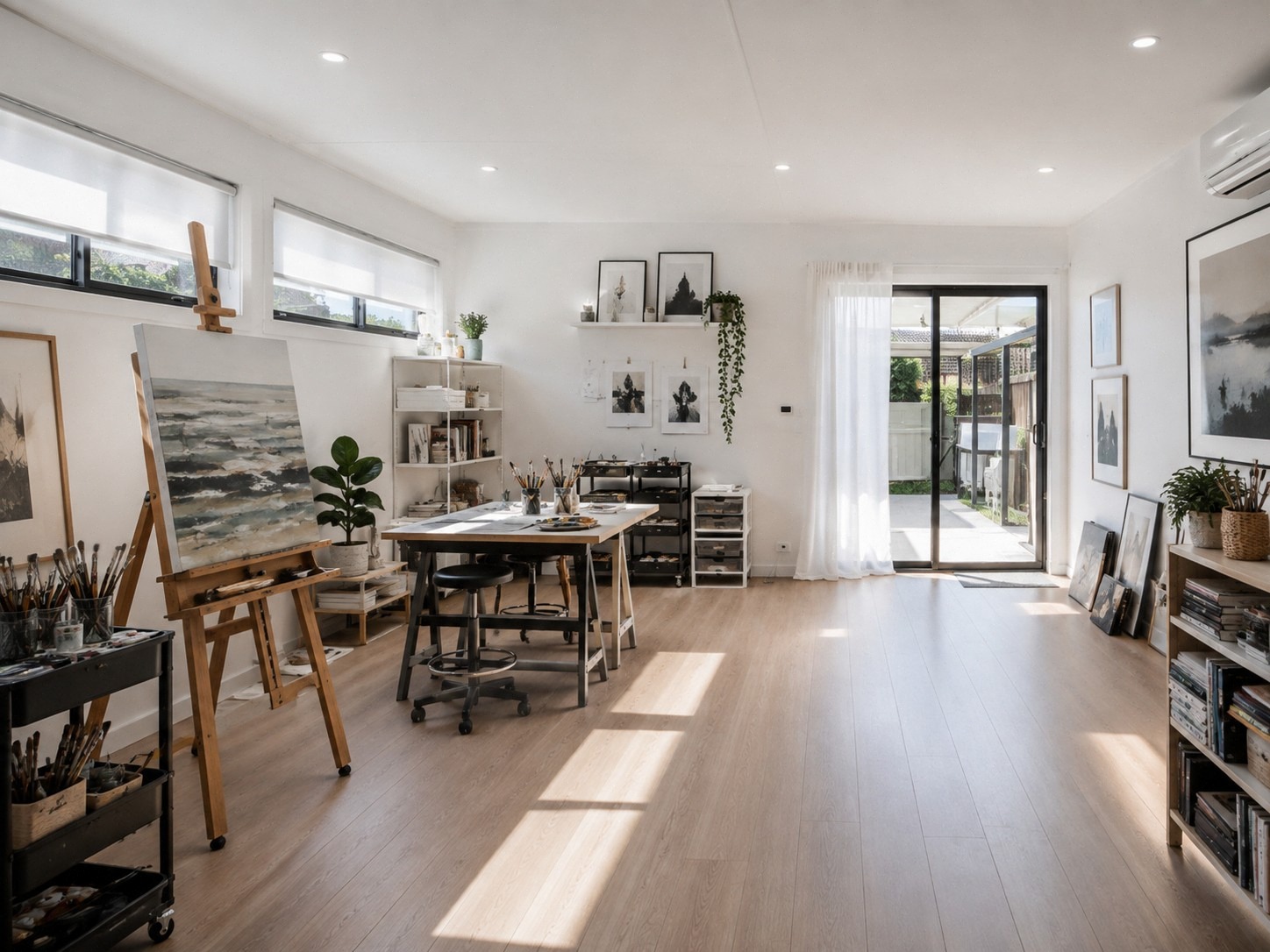 Light-filled backyard art studio with an easel, work table and garden access