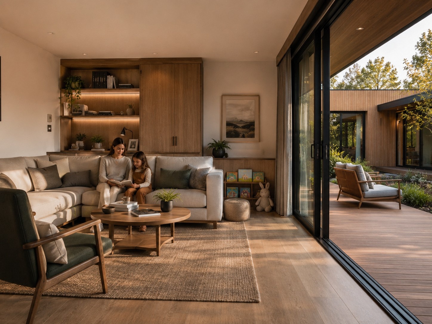 A mother and child reading in a warm timber living room opening onto a landscaped courtyard