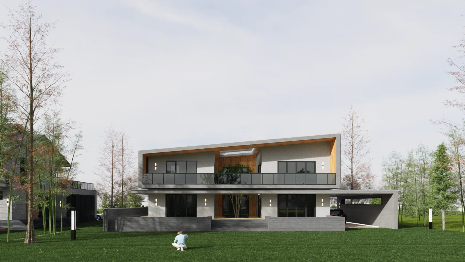 Two-storey residential concept with white framing and timber façade elements