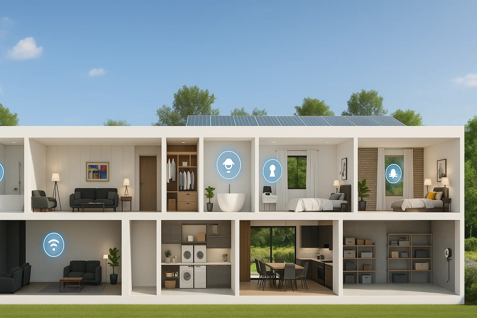 Illustrated cutaway showing connected rooms and building services