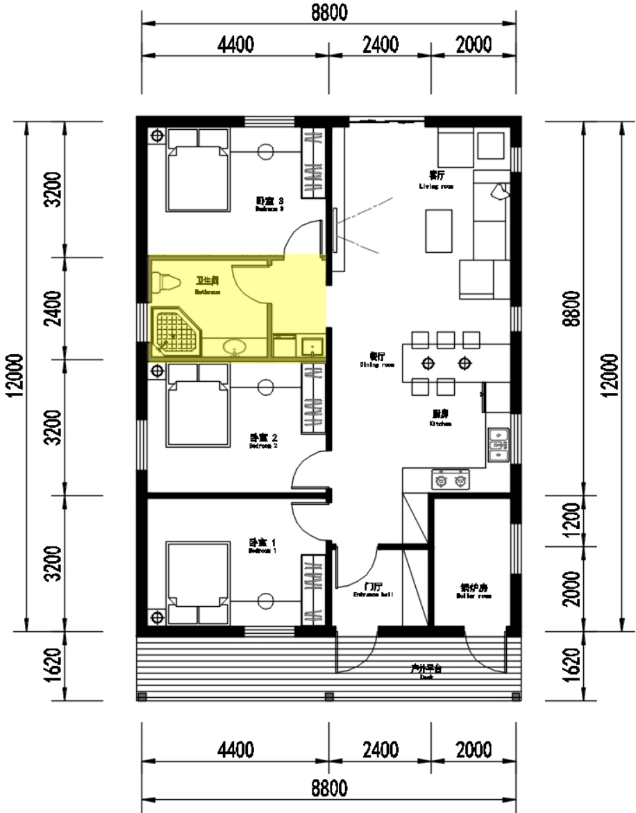 THREE BEDROOM · 110 — Base floor plan
