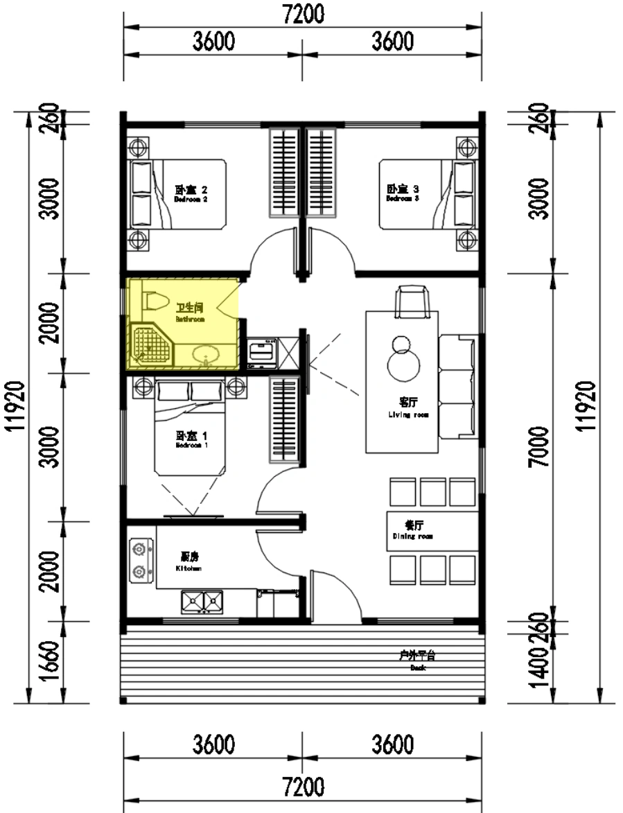 THREE BEDROOM · 74 — Base floor plan
