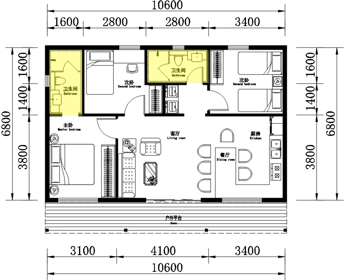 THREE BEDROOM · 75 — Base floor plan