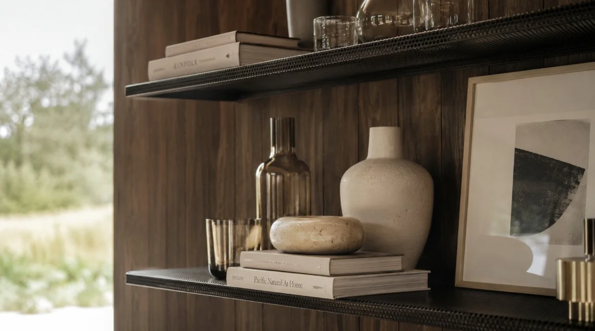 Timber shelving with ceramics and books in the DUO 60 interior collection