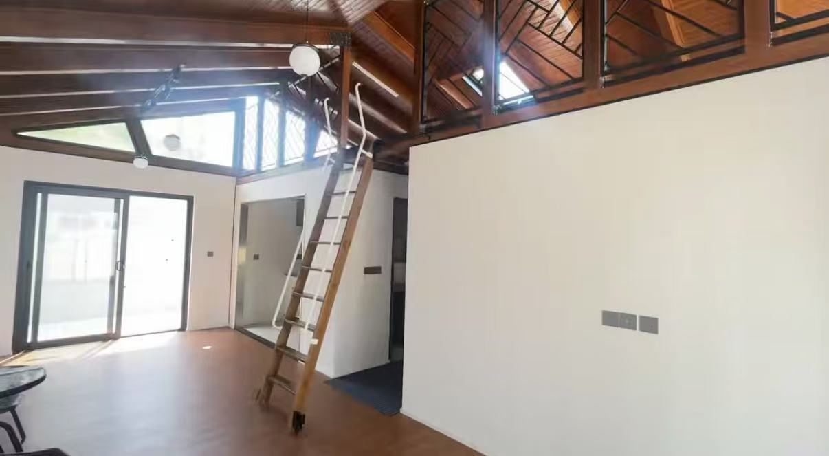 Interior with white walls, timber flooring, a pitched ceiling and a ladder to an upper level